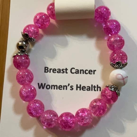 Hand Crafted Pink Breast Cancer Awareness Bracelet Crackle Beads Stretch - Picture 2 of 7